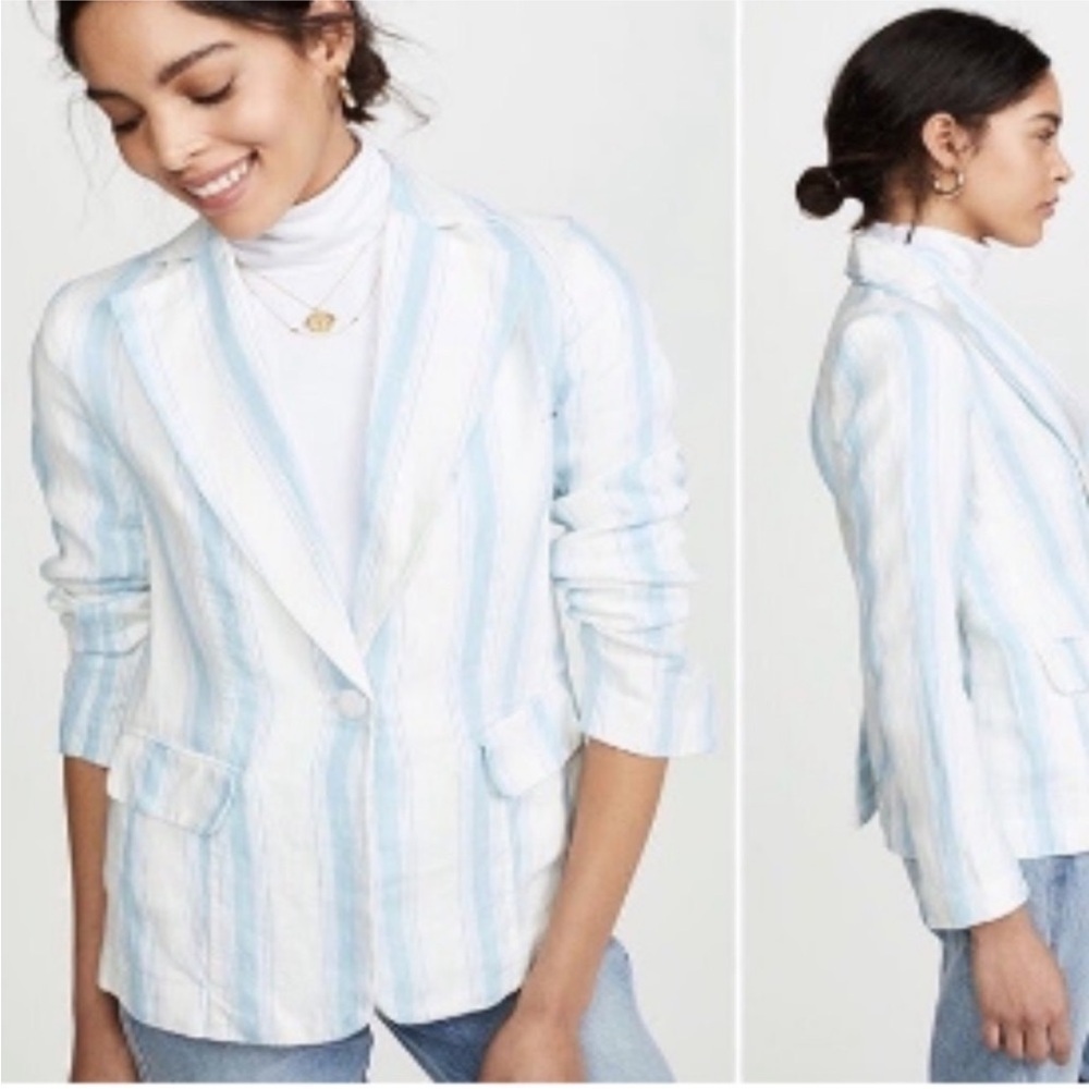 FRAME Blazer Classic Stripe Linen Jacket‎ blue white New Summer sz 4